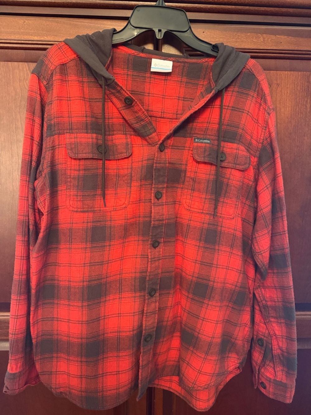 Columbia hooded flannel shirt.
